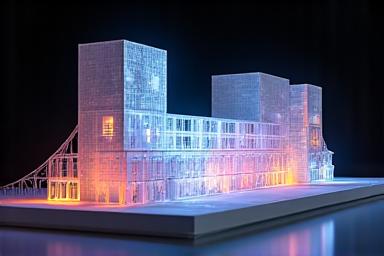 An architectural model with projection mapping applied, showcasing digital content integration
