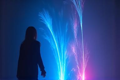 A person interacting with a light projection in a dark room, symbolizing immersive space design