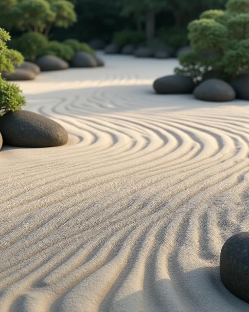 A serene Japanese zen garden with flowing sand patterns, representing continuous flow and craftsmanship