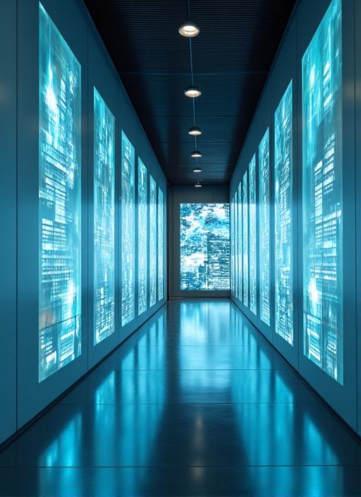Corridor of the Future - a corporate lobby with dynamic data visualizations projected onto its walls