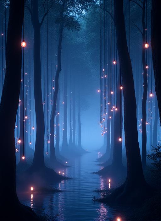 Forest Echo - an installation of hanging lights that react to sound, creating an ethereal forest atmosphere